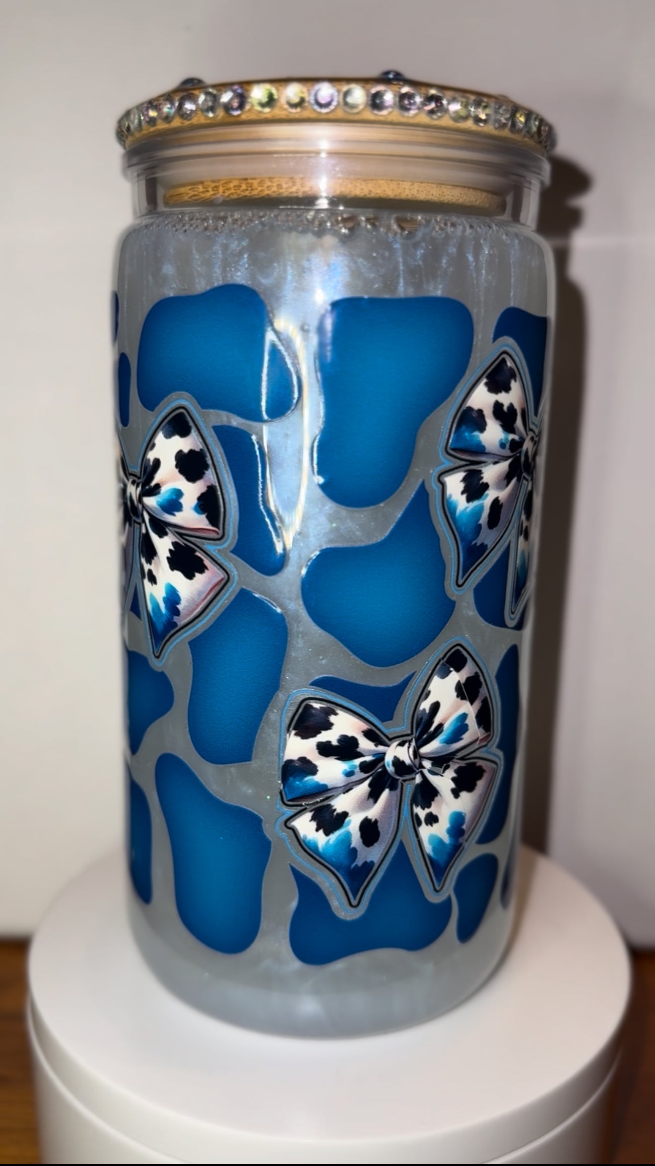 Blue Cow Print Bow Acrylic Snow Globe Cup