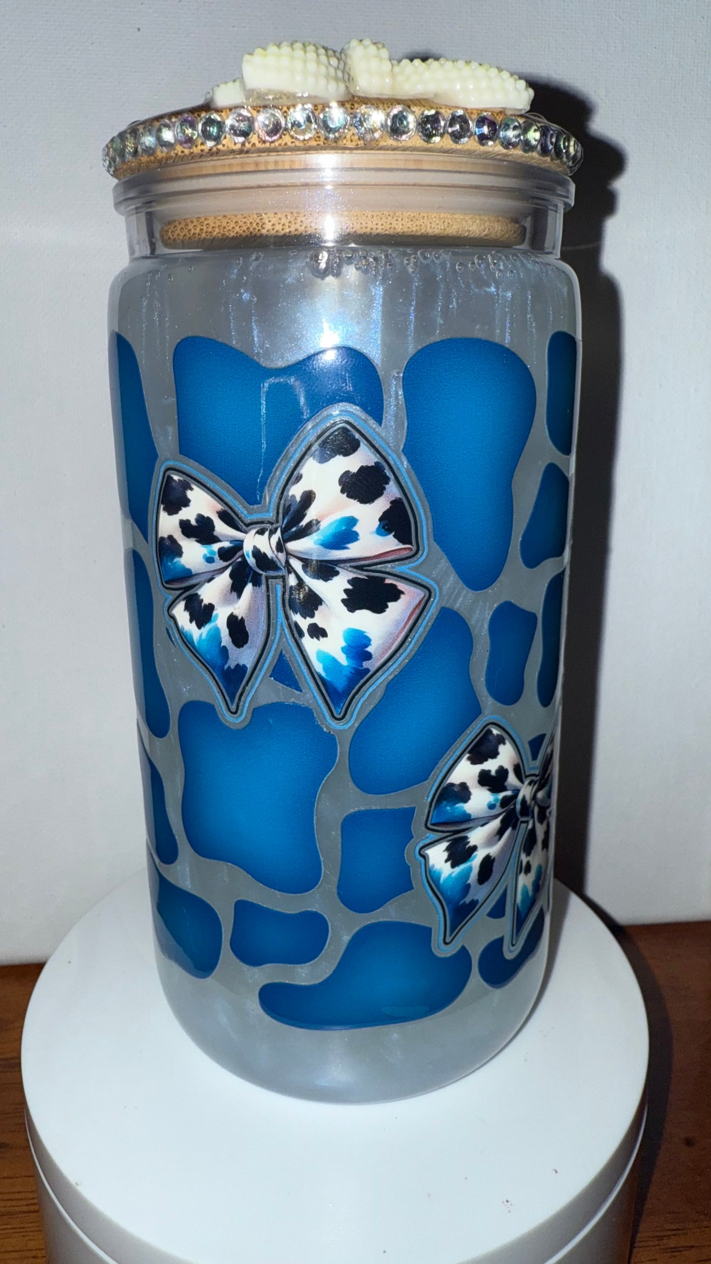 Blue Cow Print Bow Acrylic Snow Globe Cup