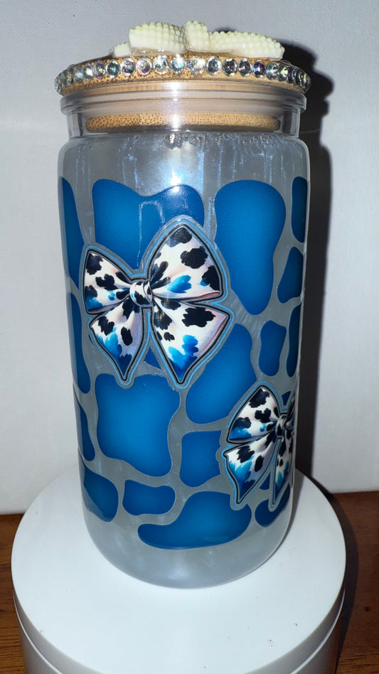 Blue Cow Print Bow Acrylic Snow Globe Cup