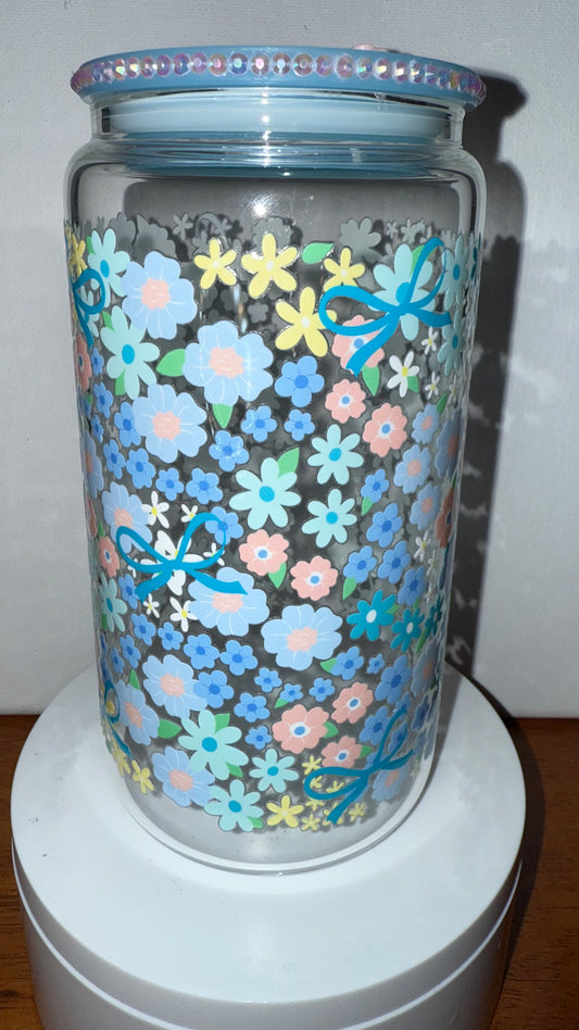 Blue Floral Glass Cup