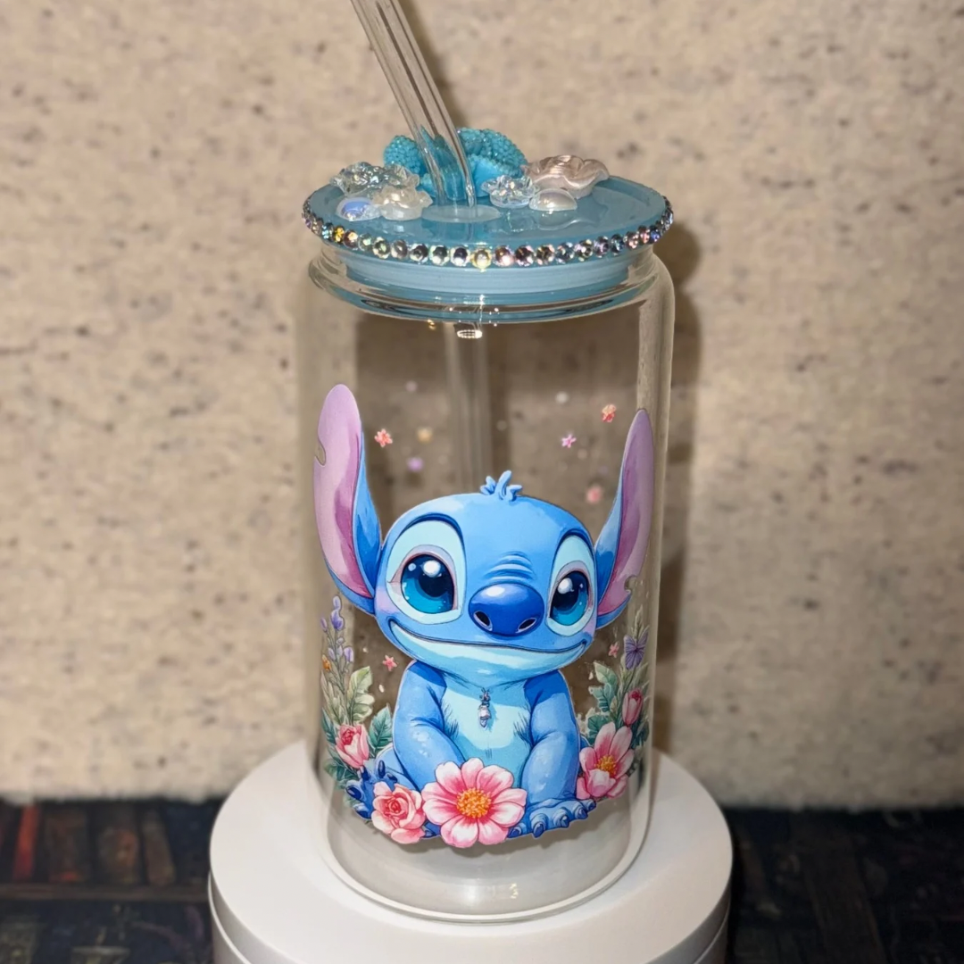 Blue Alien Floral Glass Cup