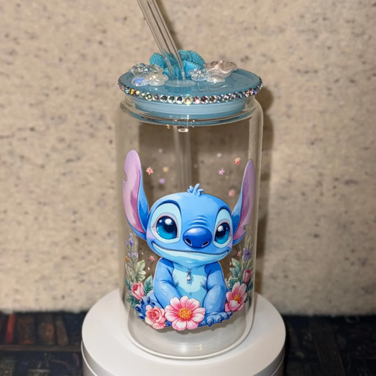 Blue Alien Floral Glass Cup