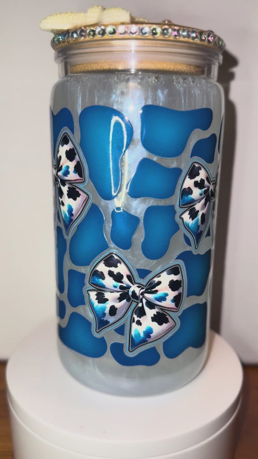 Blue Cow Print Bow Acrylic Snow Globe Cup
